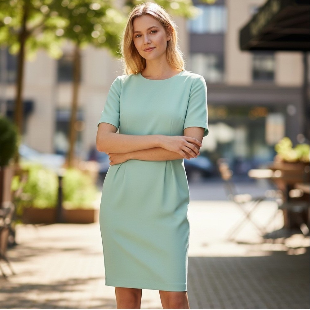 Calvin Klein Elbow Sleeve Sheath Dress 12 Sage Green Short Sleeve Pleated
